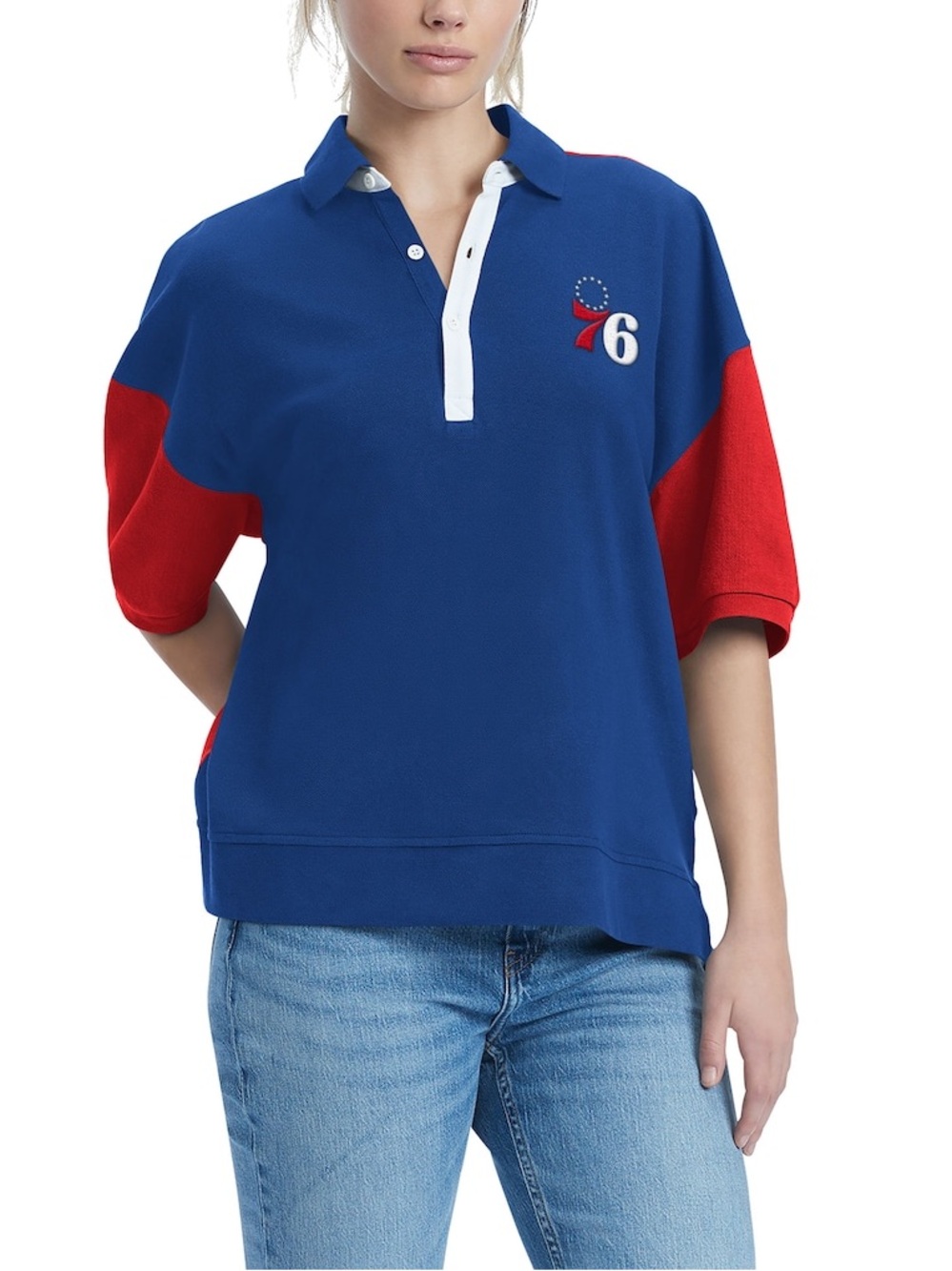 NWT Philadelphia 76ers Tommy Jeans Puff Sleeve Pique Polo Shirt in Blue/Red